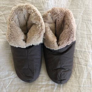 Restoration Hardware down slippers.
